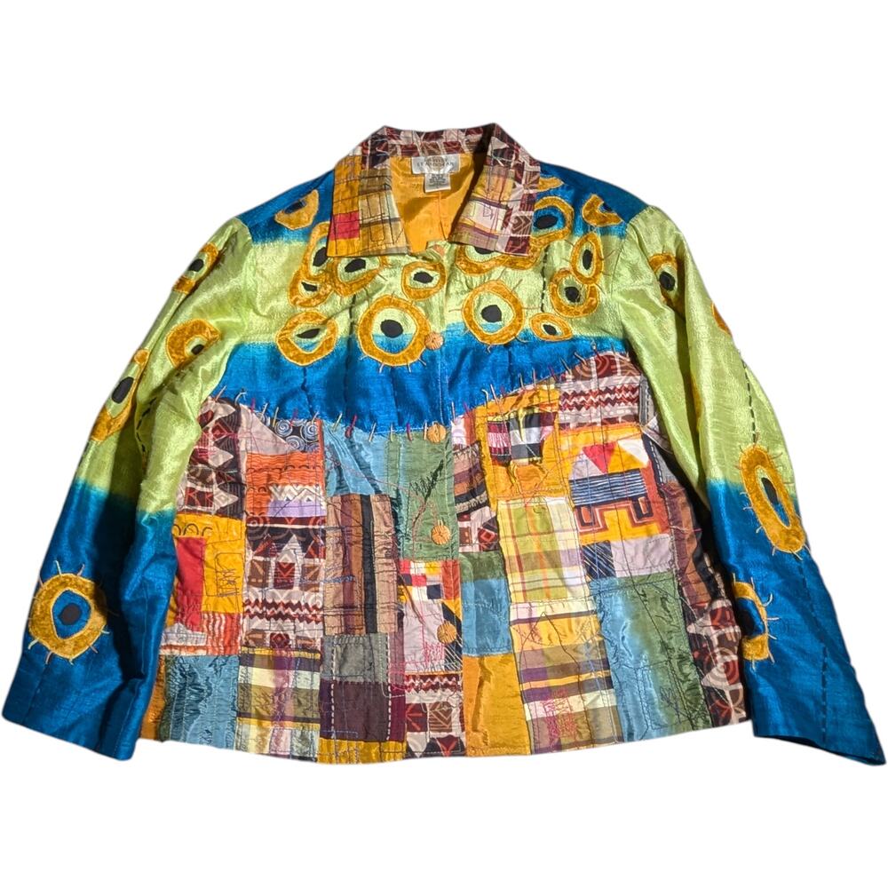 Vtg Y2K Sandy Starkman Blue Green Orange Silk Patchwork Art to Wear Jacket Sz L